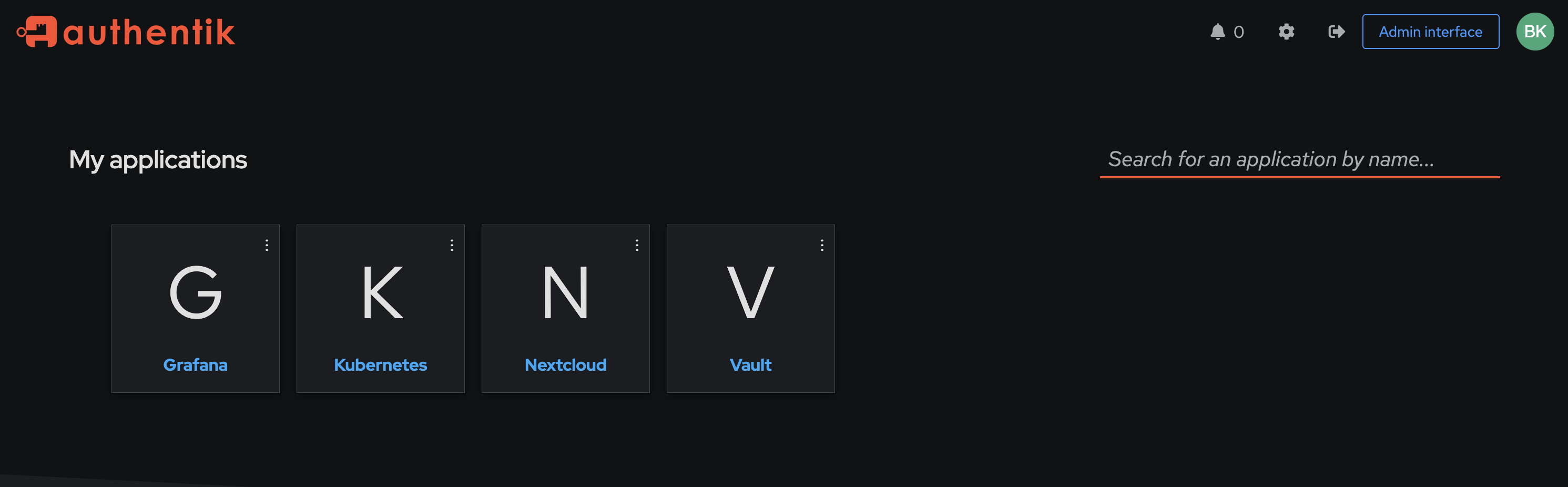 Authentik application library showing tiles for Grafana, Kubernetes, Nextcloud, and Vault