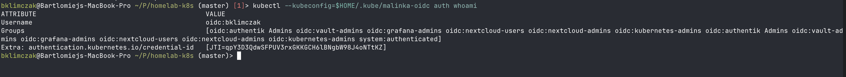 kubectl auth whoami showing the OIDC username and group claims being applied by the apiserver